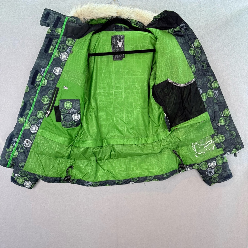 Spyder Women’s ski snow Coat Hooded faux fur trim full zip Jacket Green grey XS - Picture 4 of 9